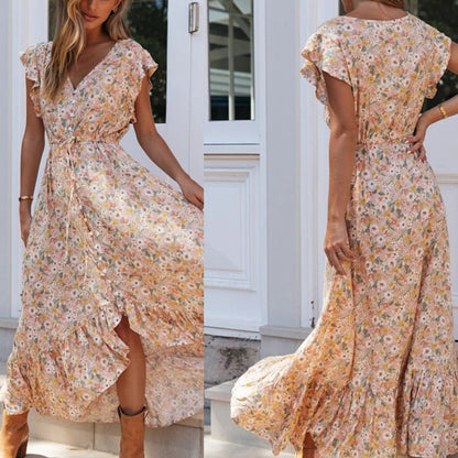 Damen Maxikleid Blumendruck Rüschendetails Eveloria - Eveloria