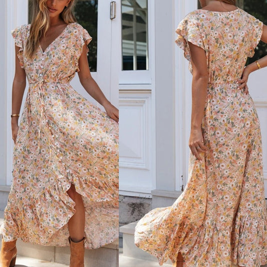 Damen Maxikleid Blumendruck Rüschendetails Eveloria - Eveloria