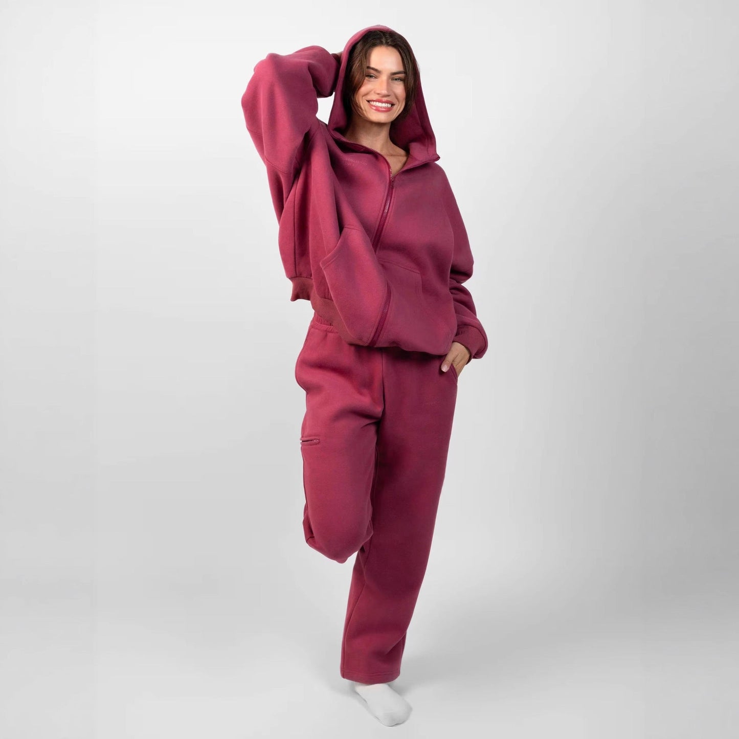 Damen Hoodie Jogginghose Set aus Fleece mit Taschen Beige