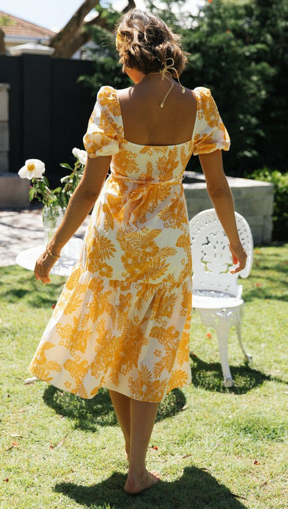 Damen Midi Kleid mit Wasserfall-Ausschnitt und Blumenmuster