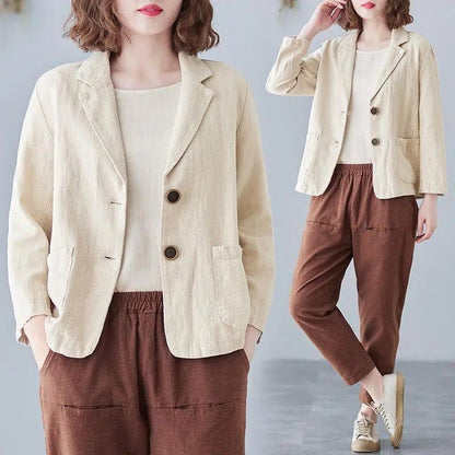 Damen Leinenblazer Lässig Kontrastknöpfe Beige