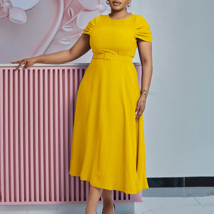 Damen Midi-Kleid mit Gummizug und schmalem Gürtel Eveloria