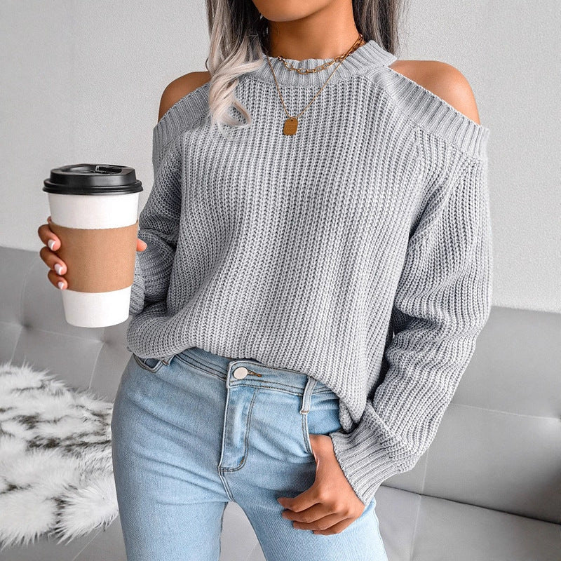 Damen Off-The-Shoulder Strickpullover Rippstruktur