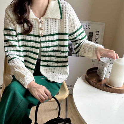 Damen Strickcardigan Maritimes Streifenmuster Knöpfe Beige