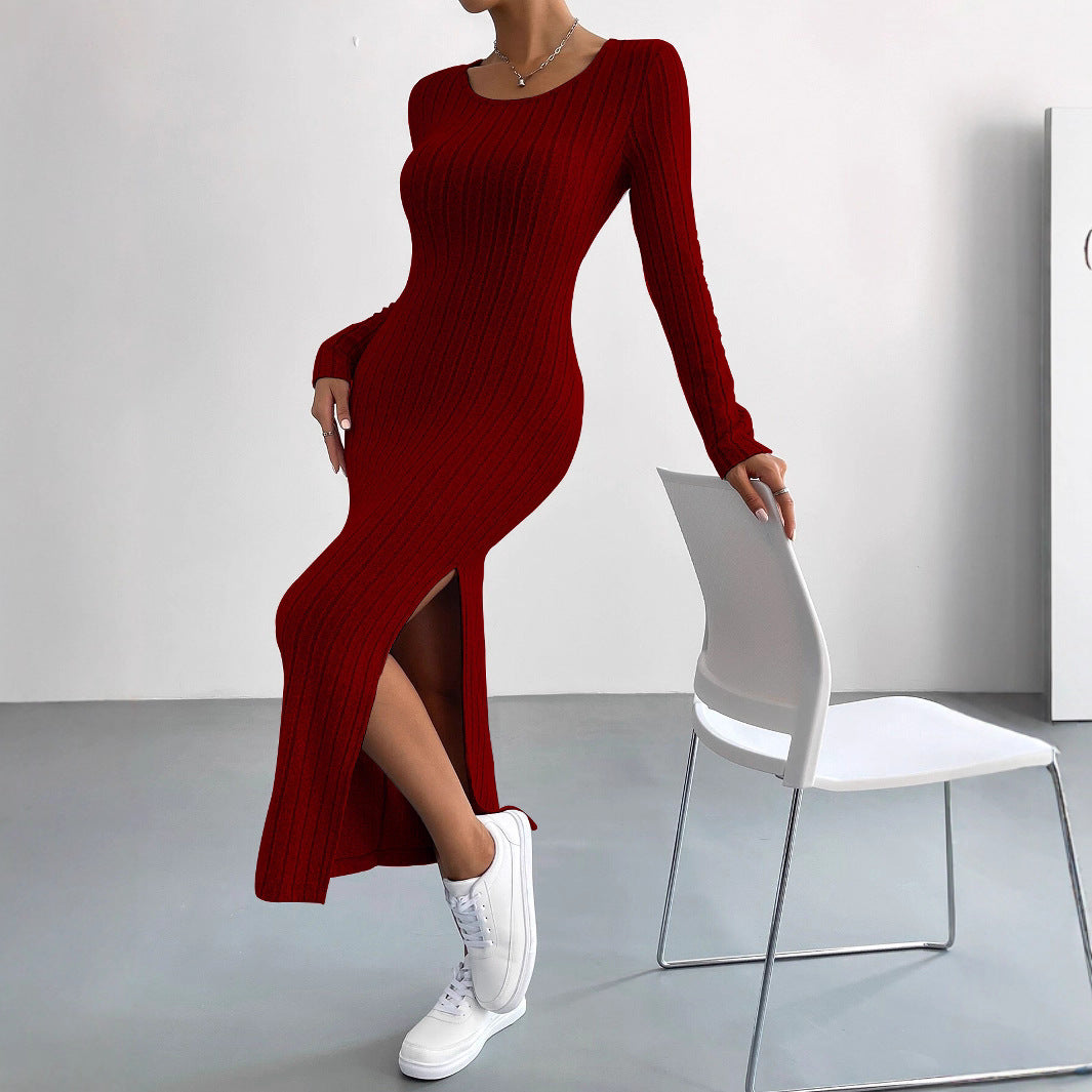 Damen Strickmaxikleid Langer Ärmel Seitenschlitz Eveloria