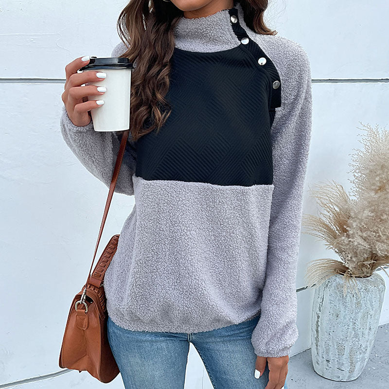 Damen Stehkragenpullover Strukturiertes Design Knopfdetail Eveloria