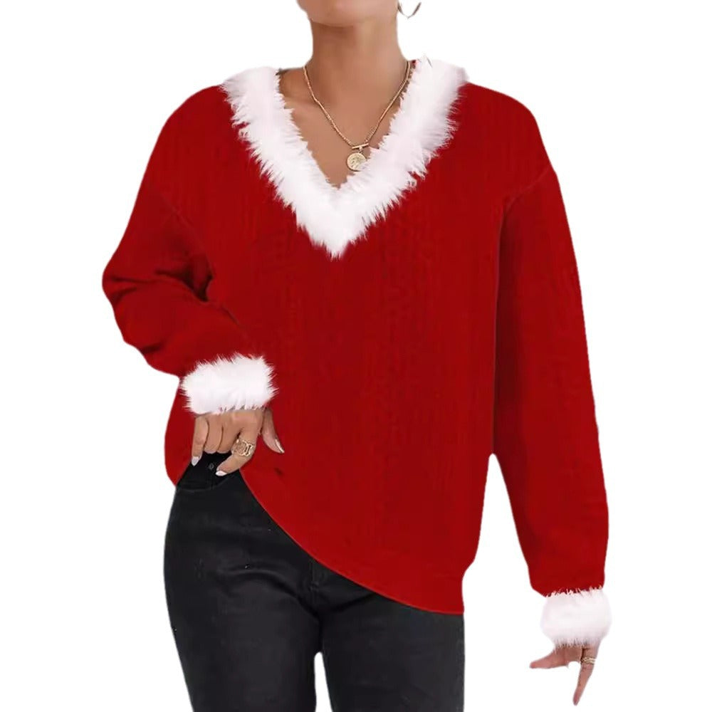 Damen Strickpullover V-Ausschnitt Kontrastpelzbesatz Eveloria