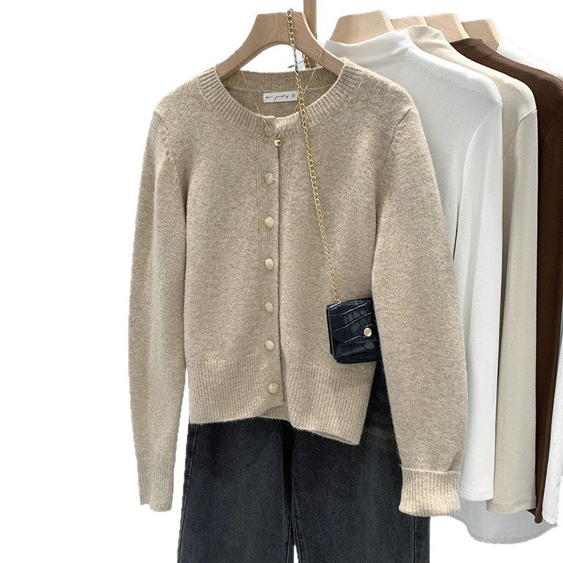 Damen Strickjacke Feinrib mit Knöpfen Beige