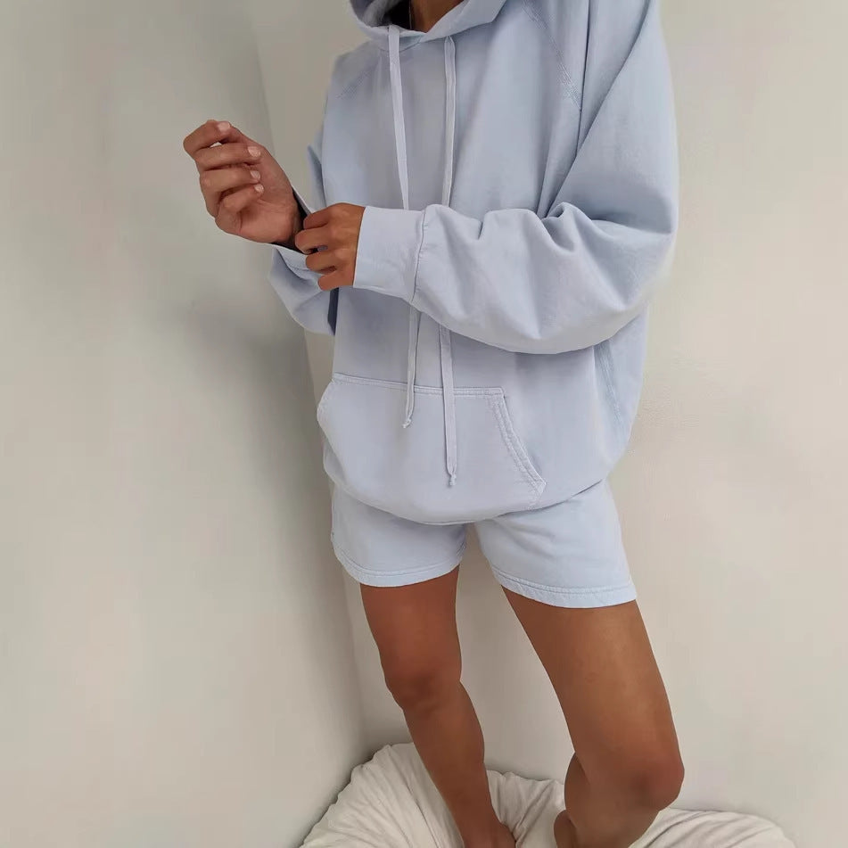 Damen Hoodie Shorts Set Baumwollmix Weich Eveloria
