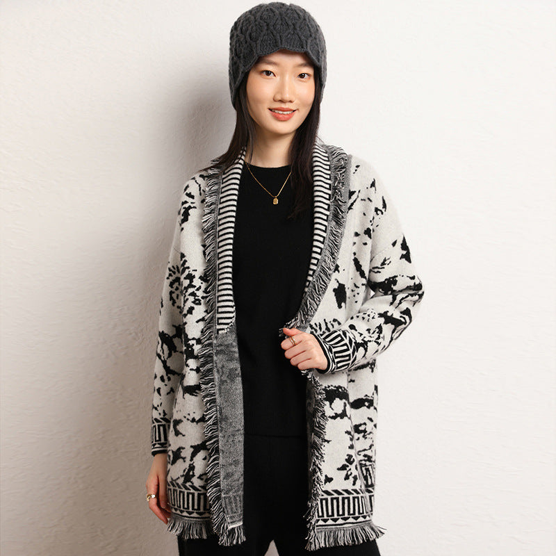 Damen Strickjacke Grafisches Muster Fransen