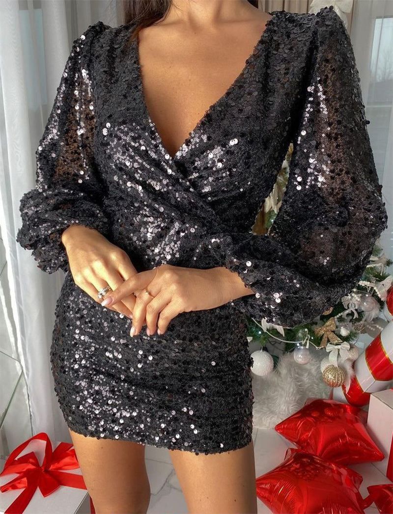 Damen Minikleid Glitzer V-Ausschnitt Puffärmel Eveloria