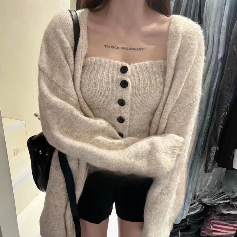 Damen Strickjacke Weites Modell Mit Knöpfen Beige