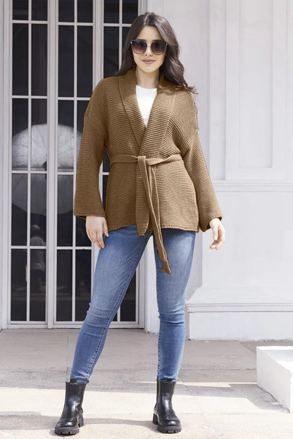 Damen Strickjacke Wickeldesign Bindegürtel Beige Eveloria