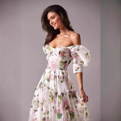 Damen Maxikleid Schulterfrei Rüschenärmel Floralmuster