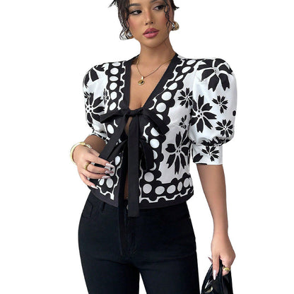 Damen Bluse Floralmuster Schleifenbindung