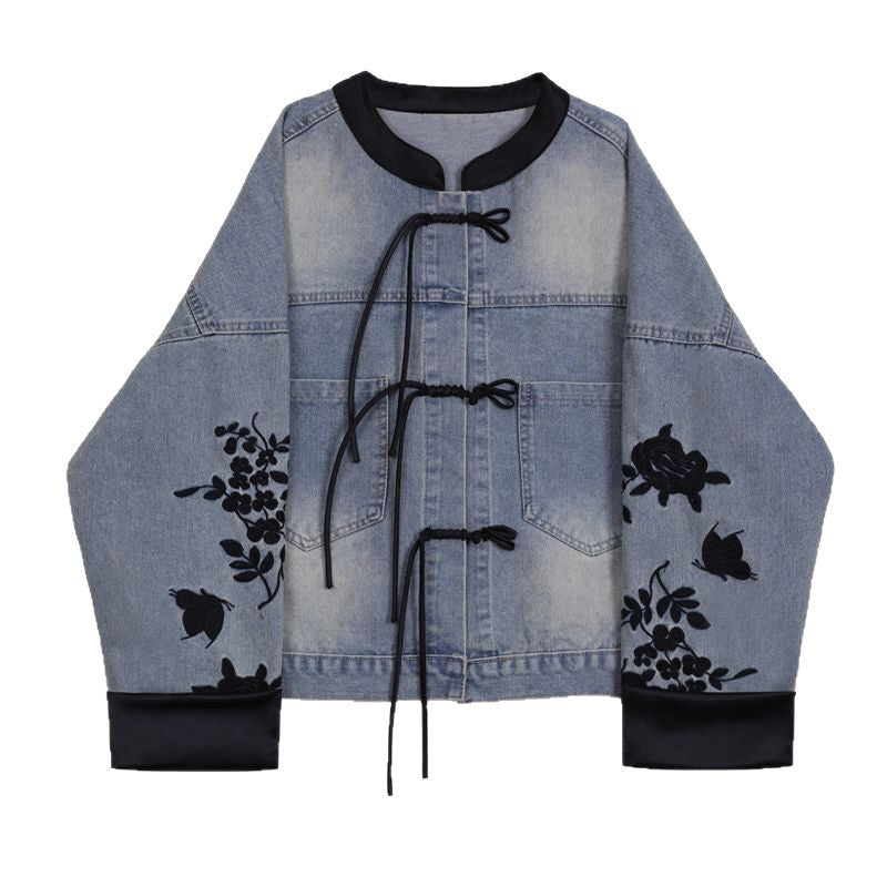 Damen Denimjacke Floral Stickerei Elegant Blau Eveloria
