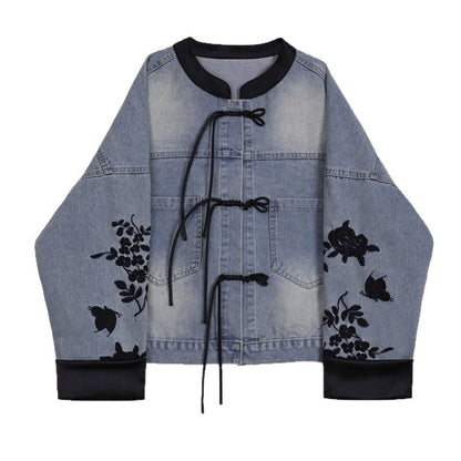 Damen Denimjacke Floral Stickerei Elegant Blau Eveloria