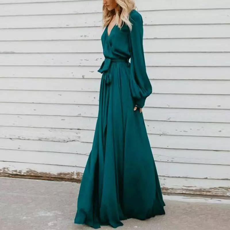 Damen Maxi-Kleid Tiefes Dekolleté Fließender Stoff Eveloria