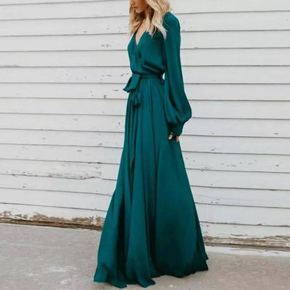 Damen Maxi-Kleid Tiefes Dekolleté Fließender Stoff Eveloria