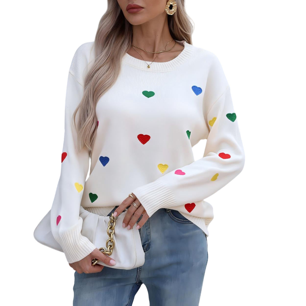 Damen Pullover Bunt Herzdesign Weites Design