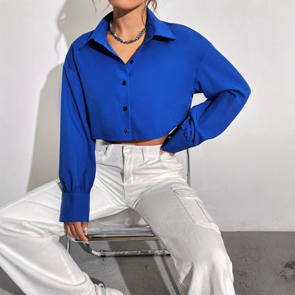 Damen Cropped Hemdjacke Puffärmel Modern Knöpfe