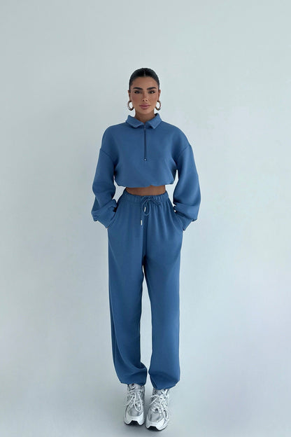 Damen Sportanzug Cropped Stehkragen Reißverschluss Eveloria