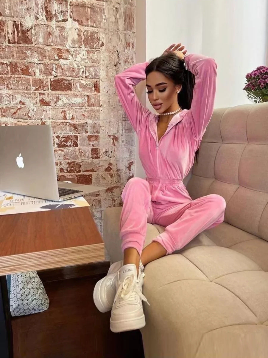 Damen Fleece-Jumpsuit Weich Hohler Kragen Tailliert Eveloria