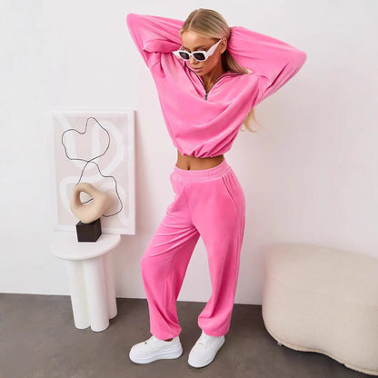 Damen Velours Jogginganzug Hochgeschlossener Kragen Elastisch
