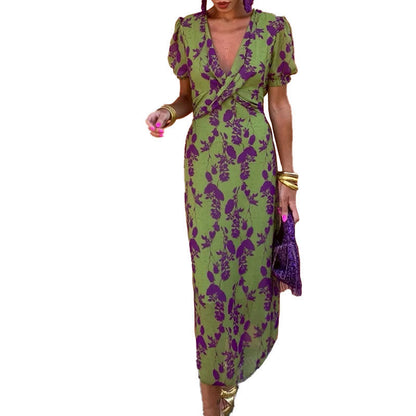 Damen Maxikleid V-Ausschnitt Rautenmuster Eveloria