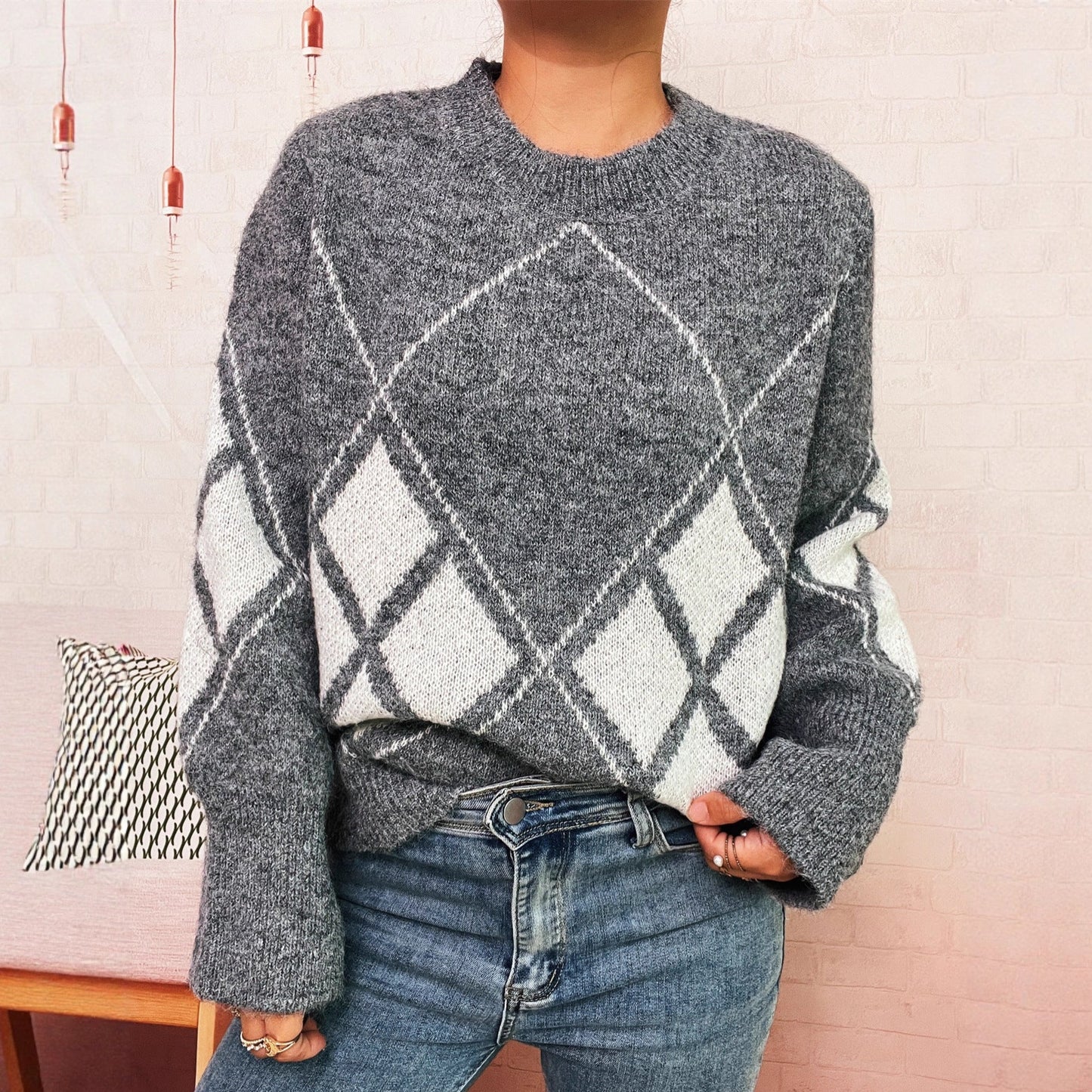 Damen Strickpullover Karomuster Eveloria