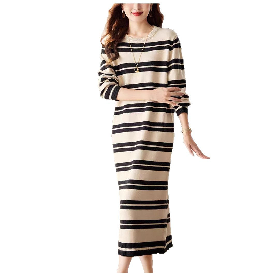 Damen Langarm Strickkleid Streifenmuster Komfortschnitt Beige