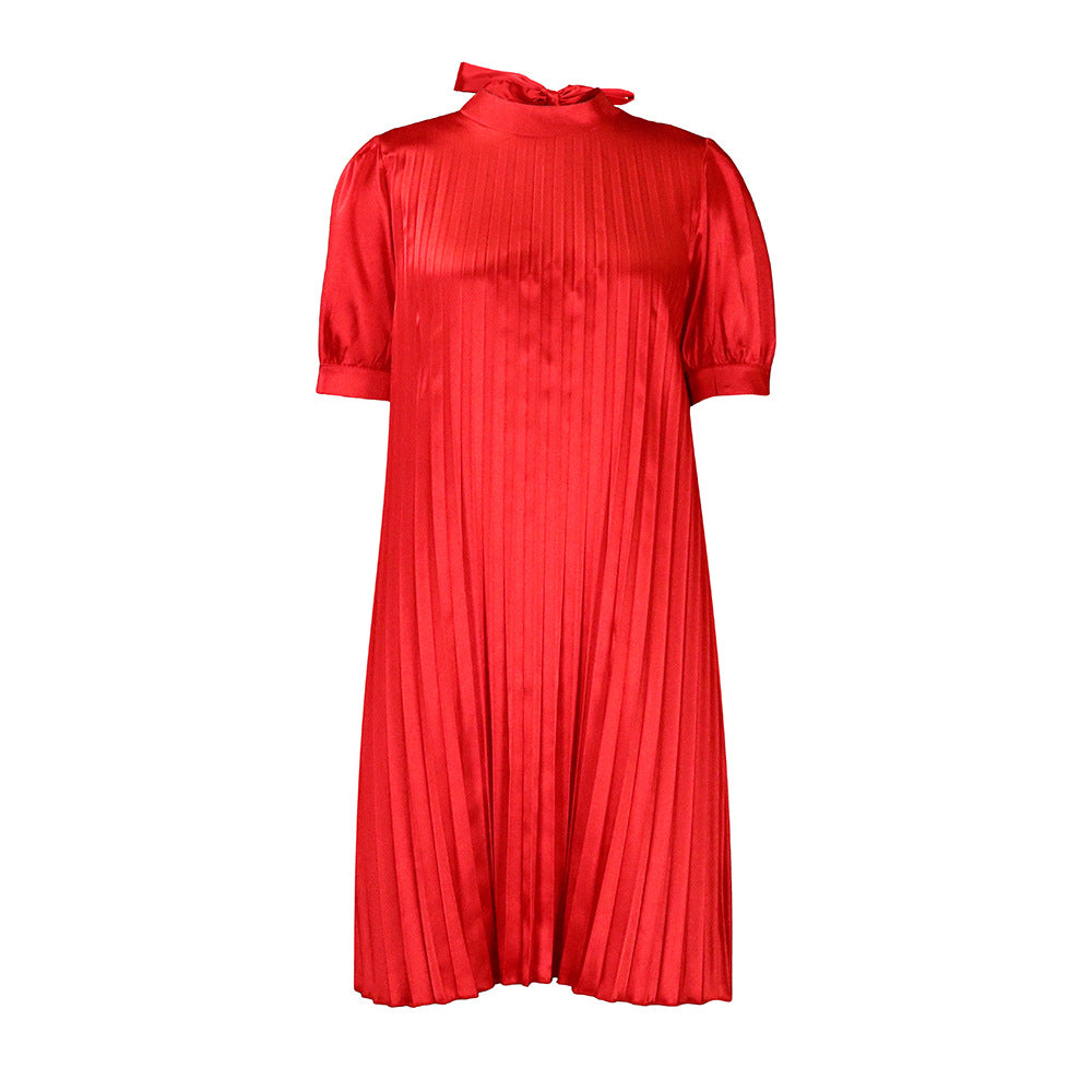 Damen Plissee-Kleid mit Bindeband und Halbärmeln