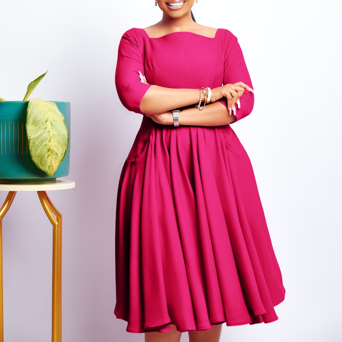 Damen A-Linien Kleid mit Ausschnitt und Taschen Schwarz Eveloria - Eveloria