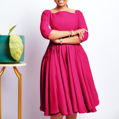 Damen A-Linien Kleid mit Ausschnitt und Taschen Schwarz Eveloria - Eveloria