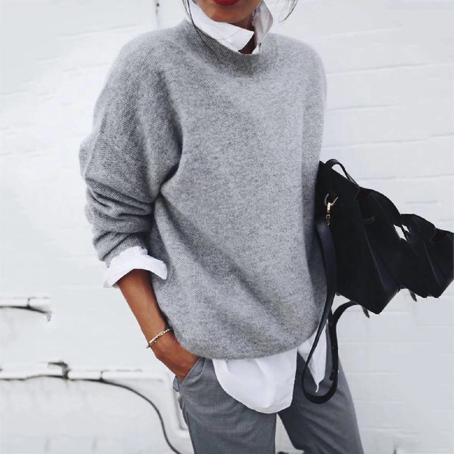 Damen Rundhalspullover Strickmischung Kuschelig Grau