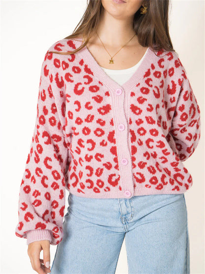 Damen Strickjacke Leopardenmuster Offenem Strukturdesign