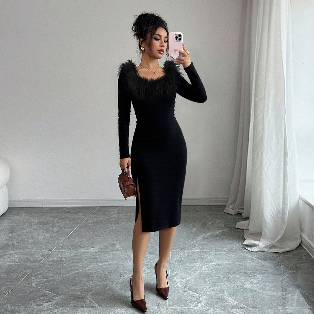 Damen Midi-Kleid Federverzierung Seiten-Schlitz Eveloria - Eveloria