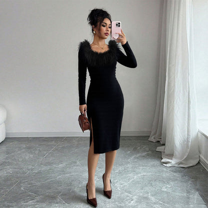 Damen Midi-Kleid Federverzierung Seiten-Schlitz Eveloria - Eveloria