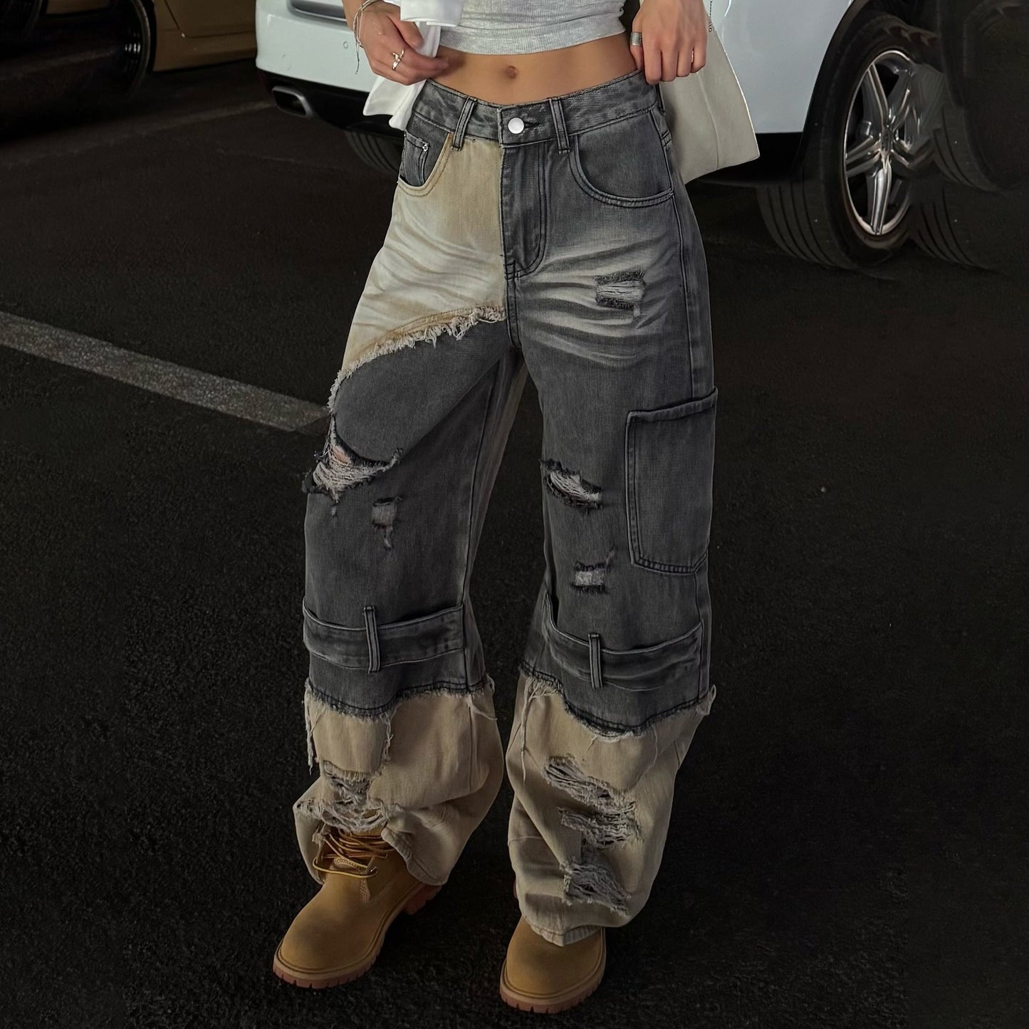 Damen Cargo-Jeans Ausgefranstes Design Tiefes Bein