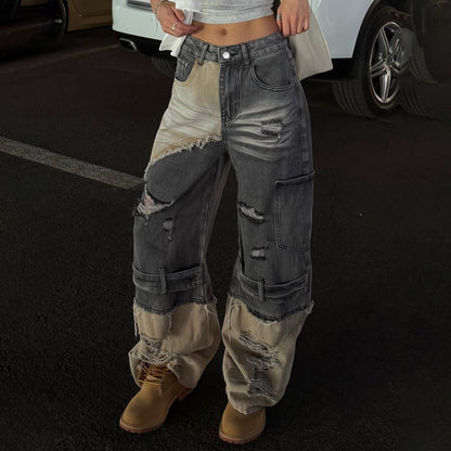 Damen Cargo-Jeans Ausgefranstes Design Tiefes Bein