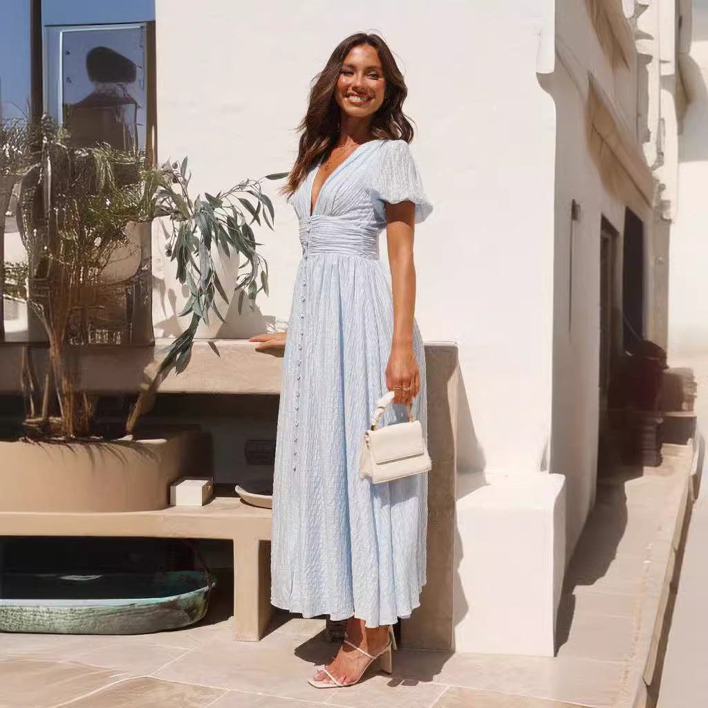 Damen Maxi-Kleid V-Ausschnitt Rüschen
