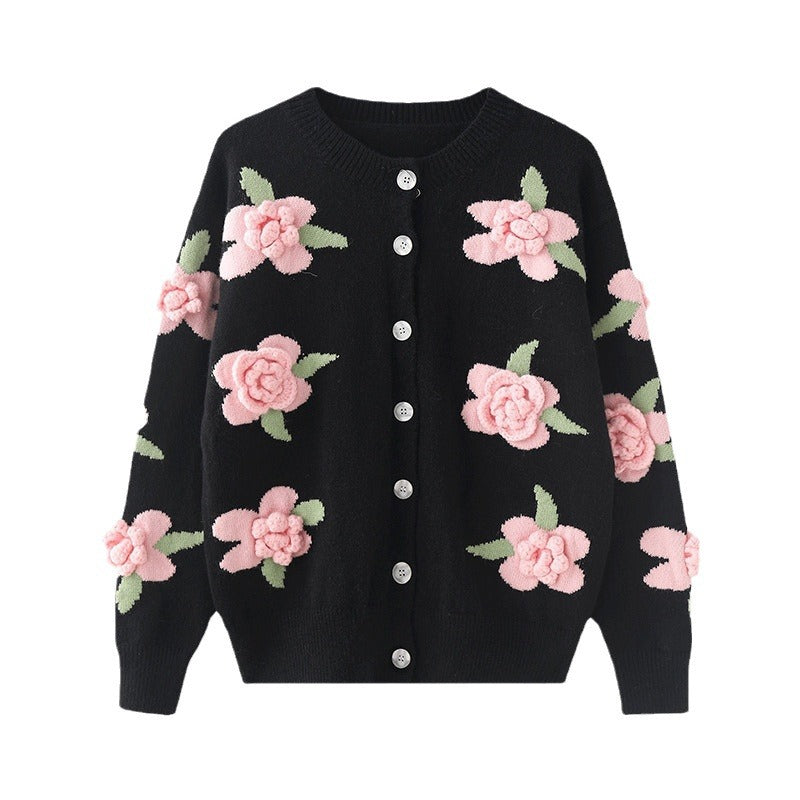 Damen Strickjacke Blumenmuster Knopfverschluss Eveloria