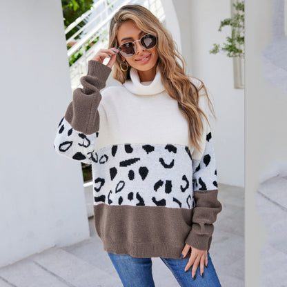 Damen Pullover Kuschelig Tiermuster Hochkragen Grau