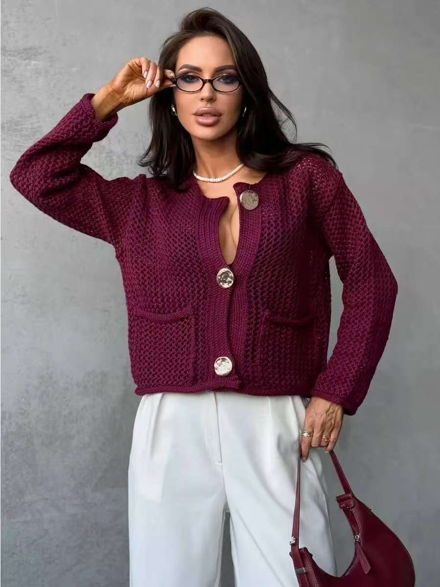 Damen Netzstrickjacke mit Taschen und Knöpfen Eveloria