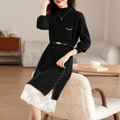Damen Strickkleid Perlendetails Eleganter Gürtel