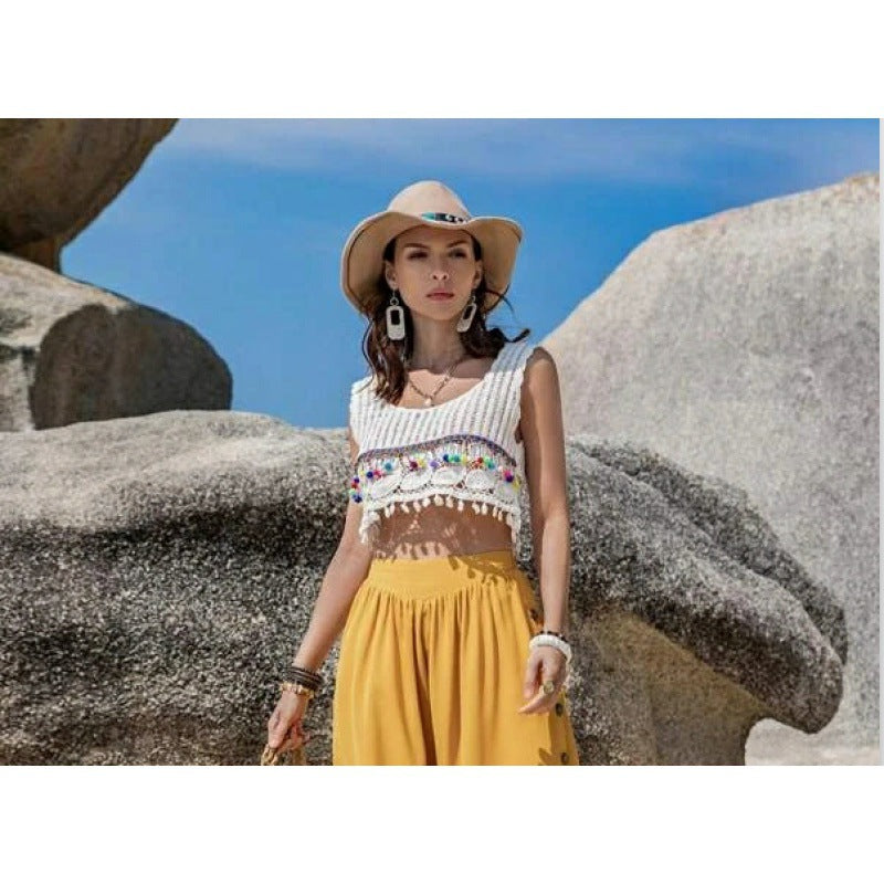 Damen Cropped Bunt Häkelmuster Quasten - Eveloria