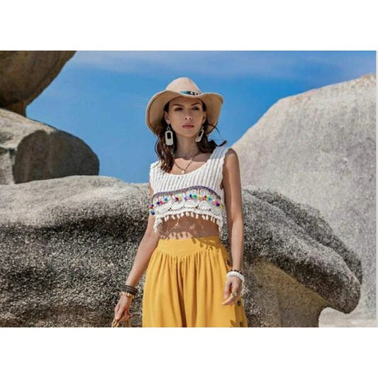 Damen Cropped Bunt Häkelmuster Quasten - Eveloria