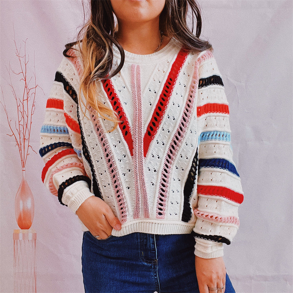 Damen Pullover V-Ausschnitt Strickdesign Bunt - Eveloria
