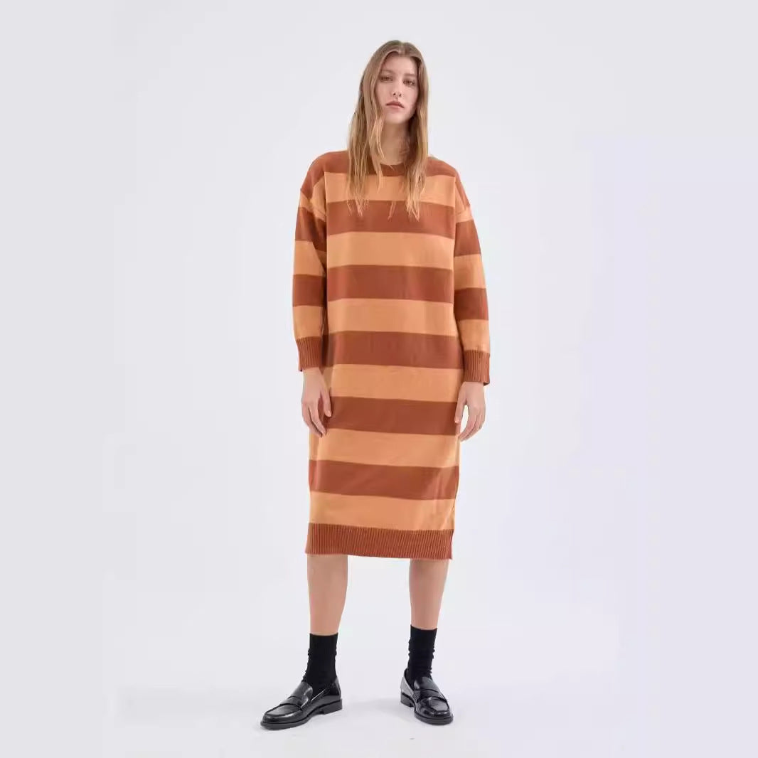 Damen Strickkleid Blockstreifenmuster Lässiger Schnitt