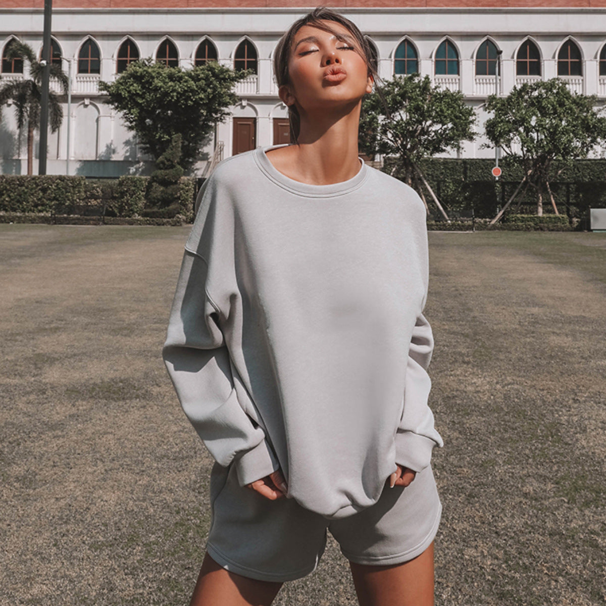 Damen Freizeithosen- und Sweatshirt-Set Weites Design Weiches